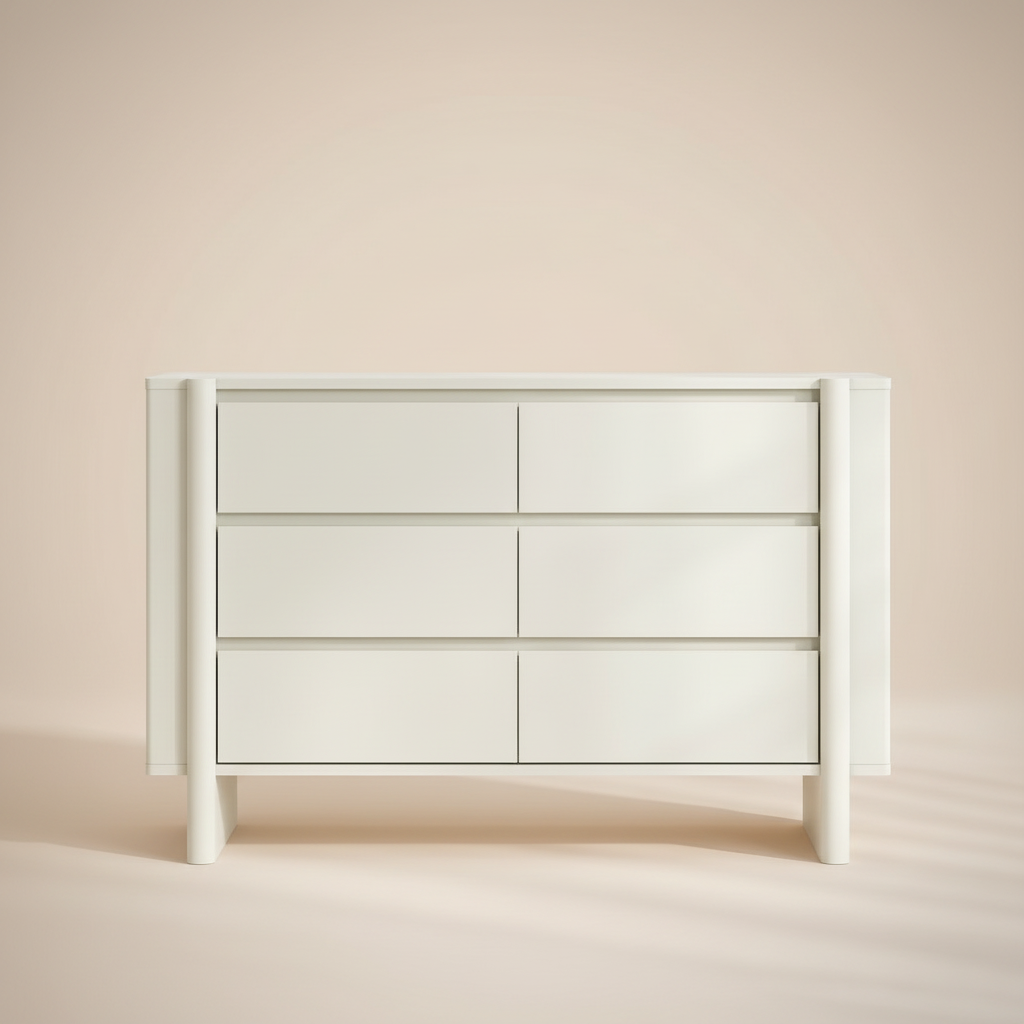 White modern dresser with warm gradient background