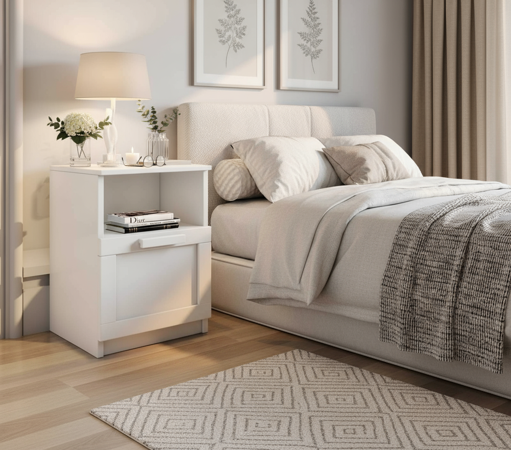 White nightstand in serene bedroom
