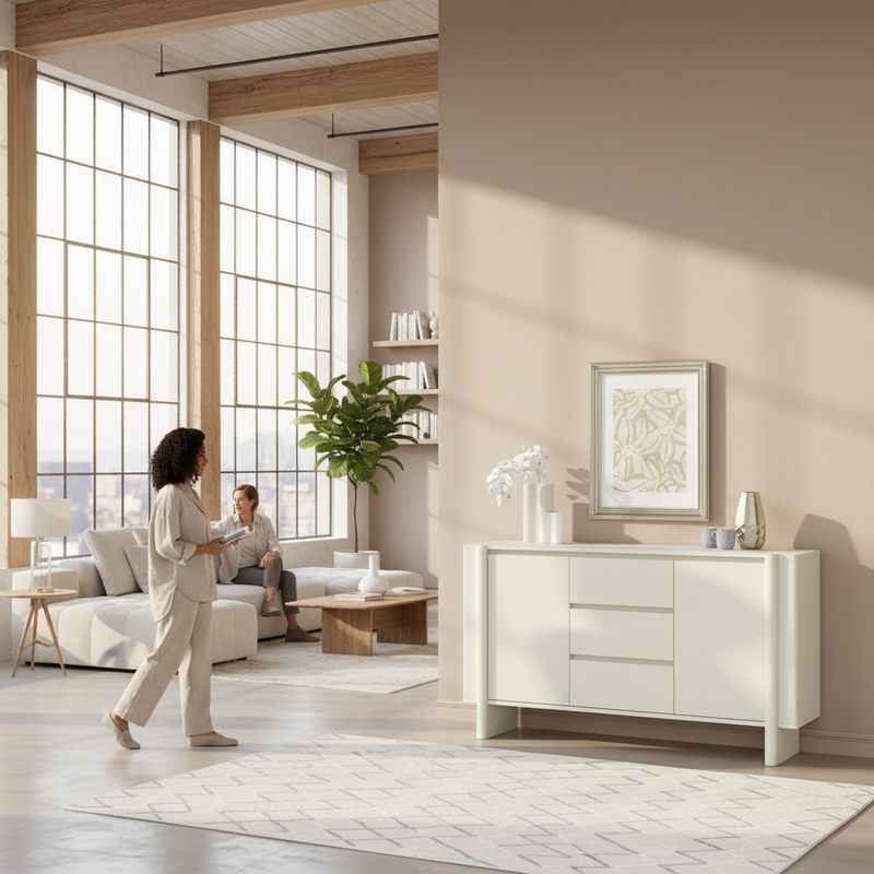 White Sideboard in Large Open Space with People