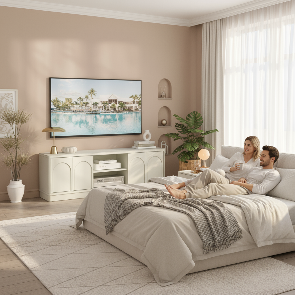 White TV Unit in Bedroom with People