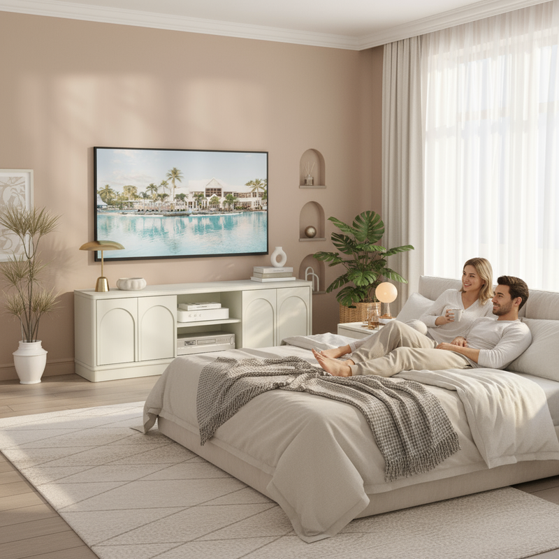 White TV Unit in Bedroom with People
