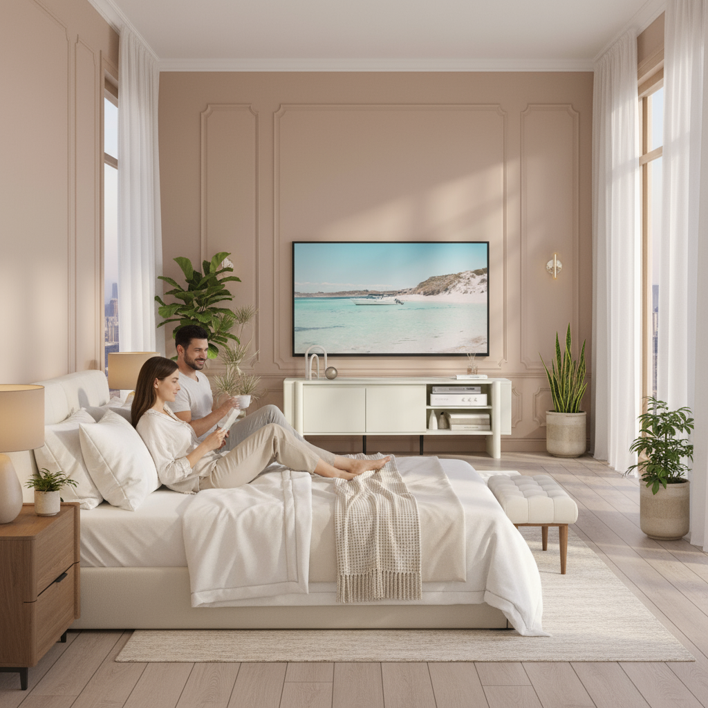 White TV Unit in Bedroom with People
