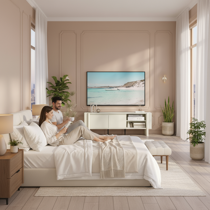 White TV Unit in Bedroom with People