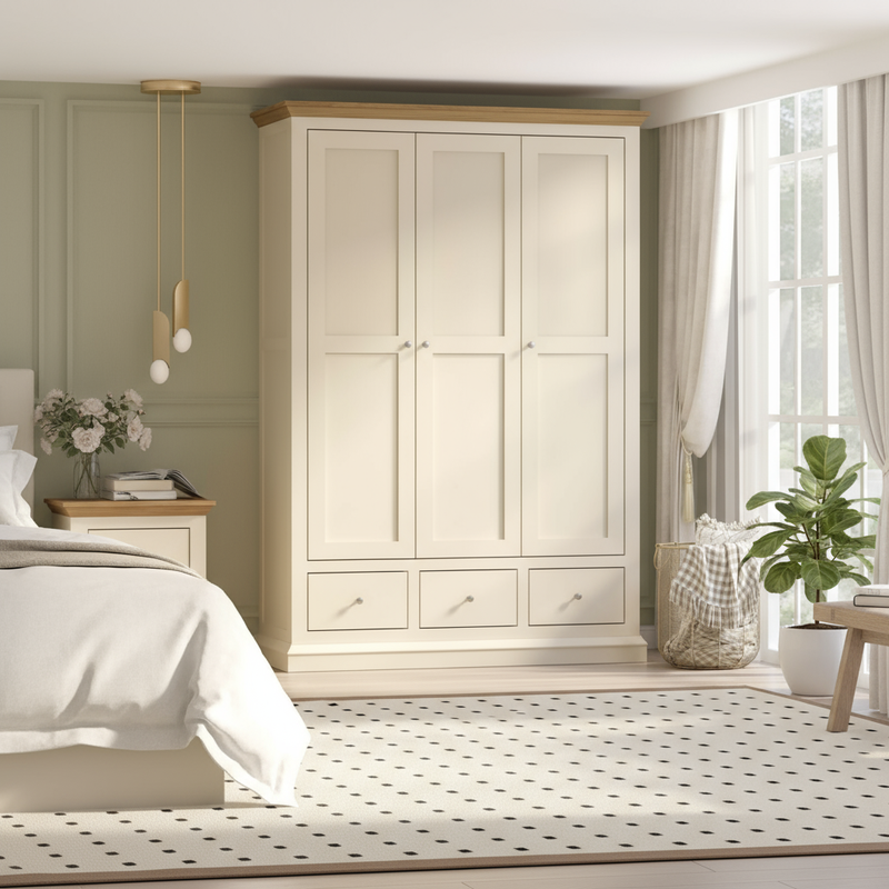 Wide bedroom shot showcasing white and wood wardrobe