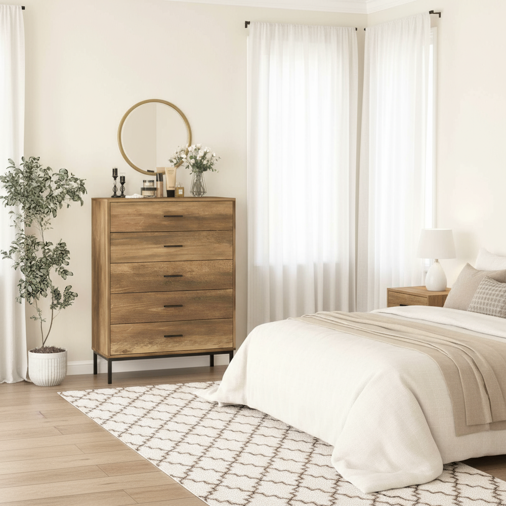 Wide bedroom shot with oak chest of drawers