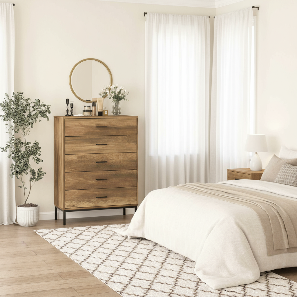 Wide bedroom shot with oak chest of drawers