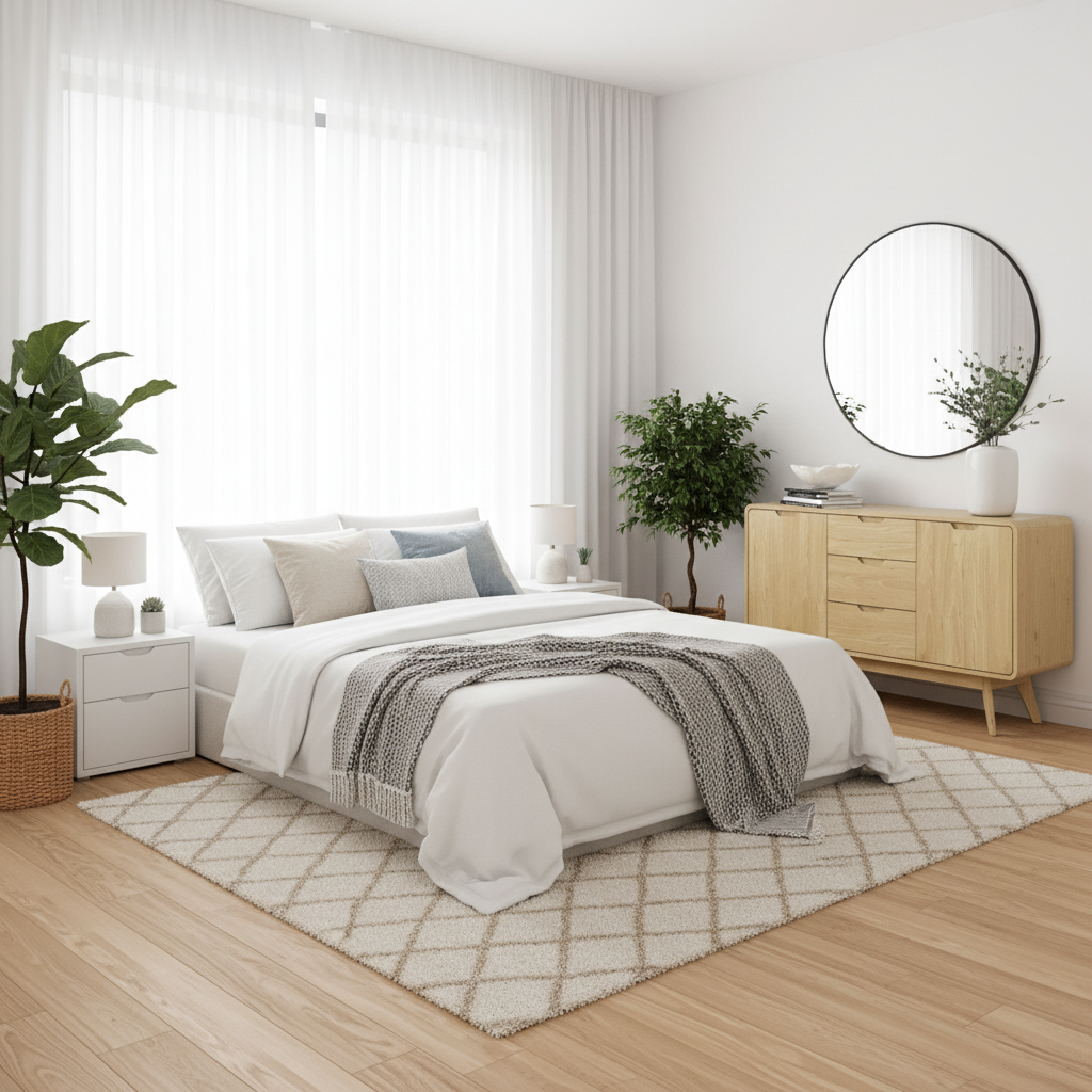 Wide bedroom shot with oak sideboard