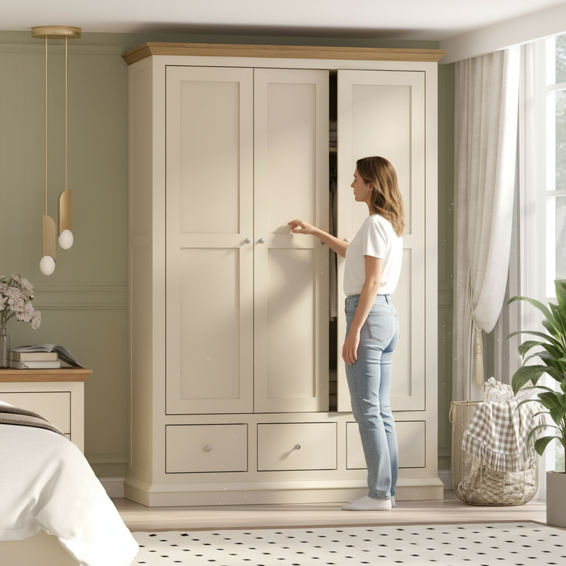 Wide bedroom shot with person next to wardrobe