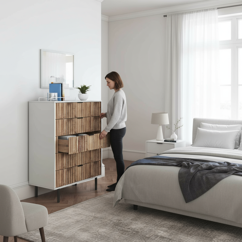 Wide bedroom shot with person opening dresser drawer