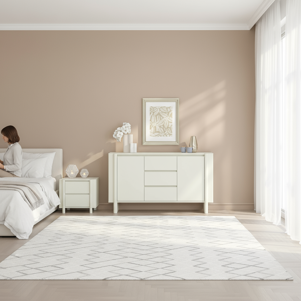 Wide bedroom shot with sideboard clearly positioned