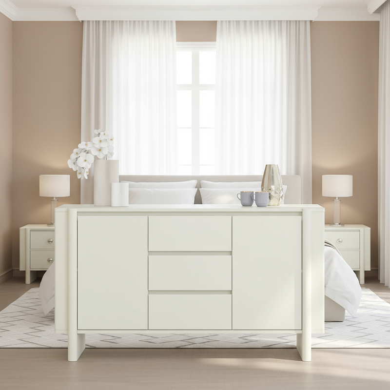 Wide bedroom shot with sideboard clearly visible