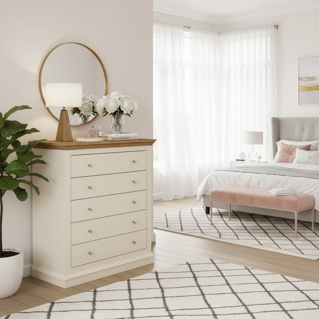 Wide bedroom shot with white chest and different styling