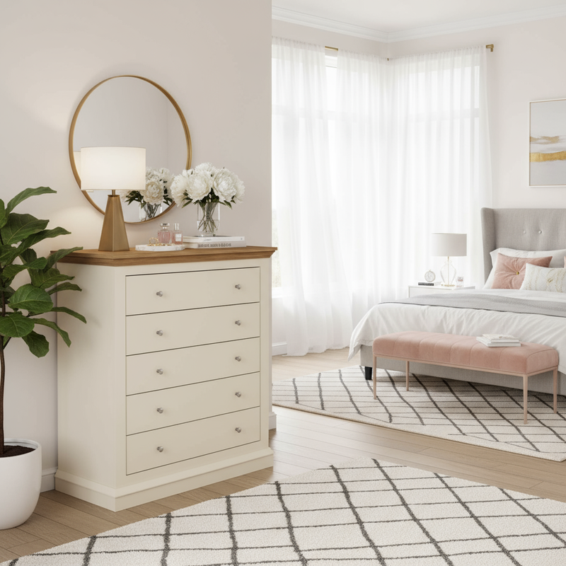 Wide bedroom shot with white chest and different styling