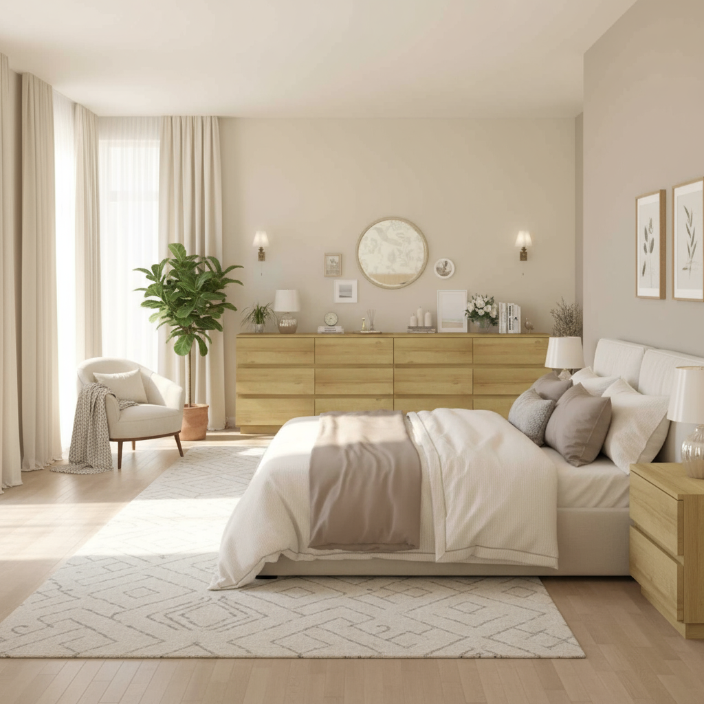 Wide bedroom view with oak dressers