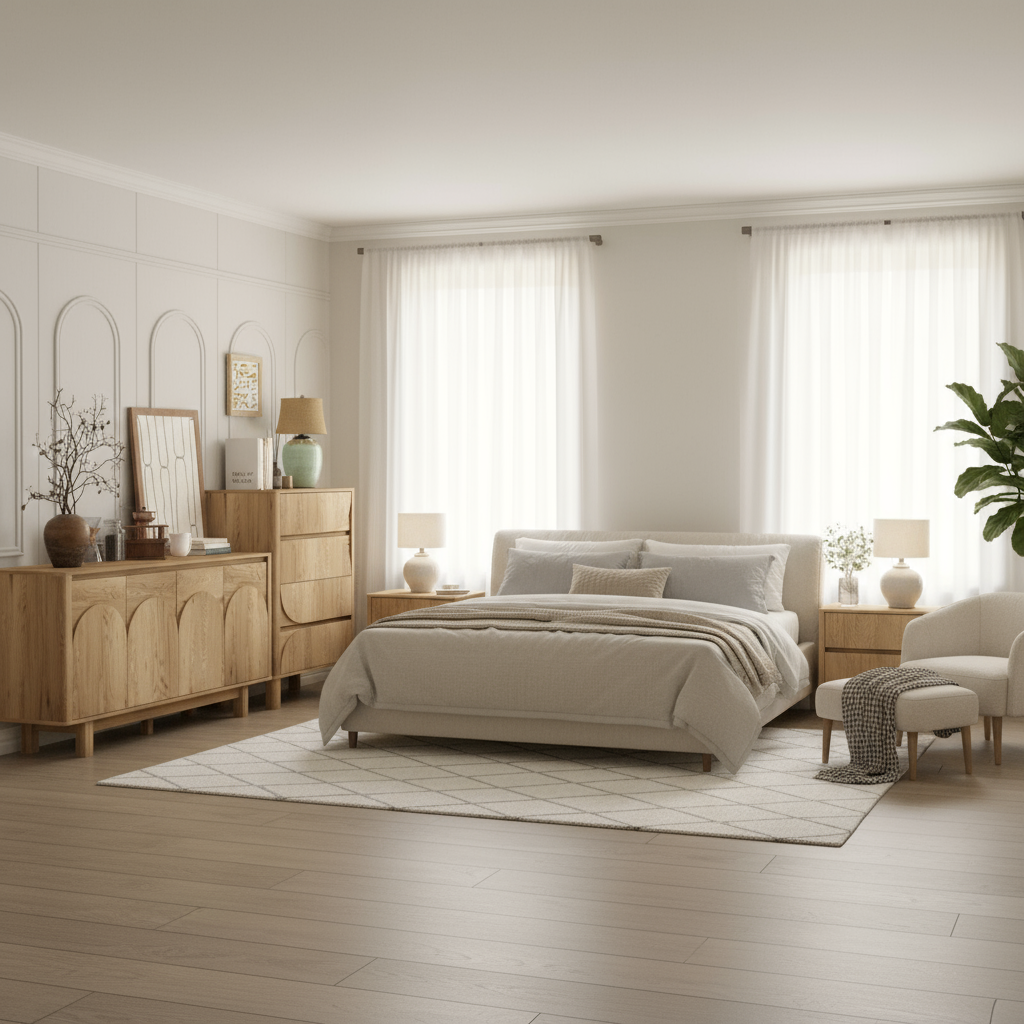 Wide bedroom view with oak furniture