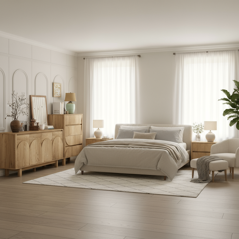 Wide bedroom view with oak furniture