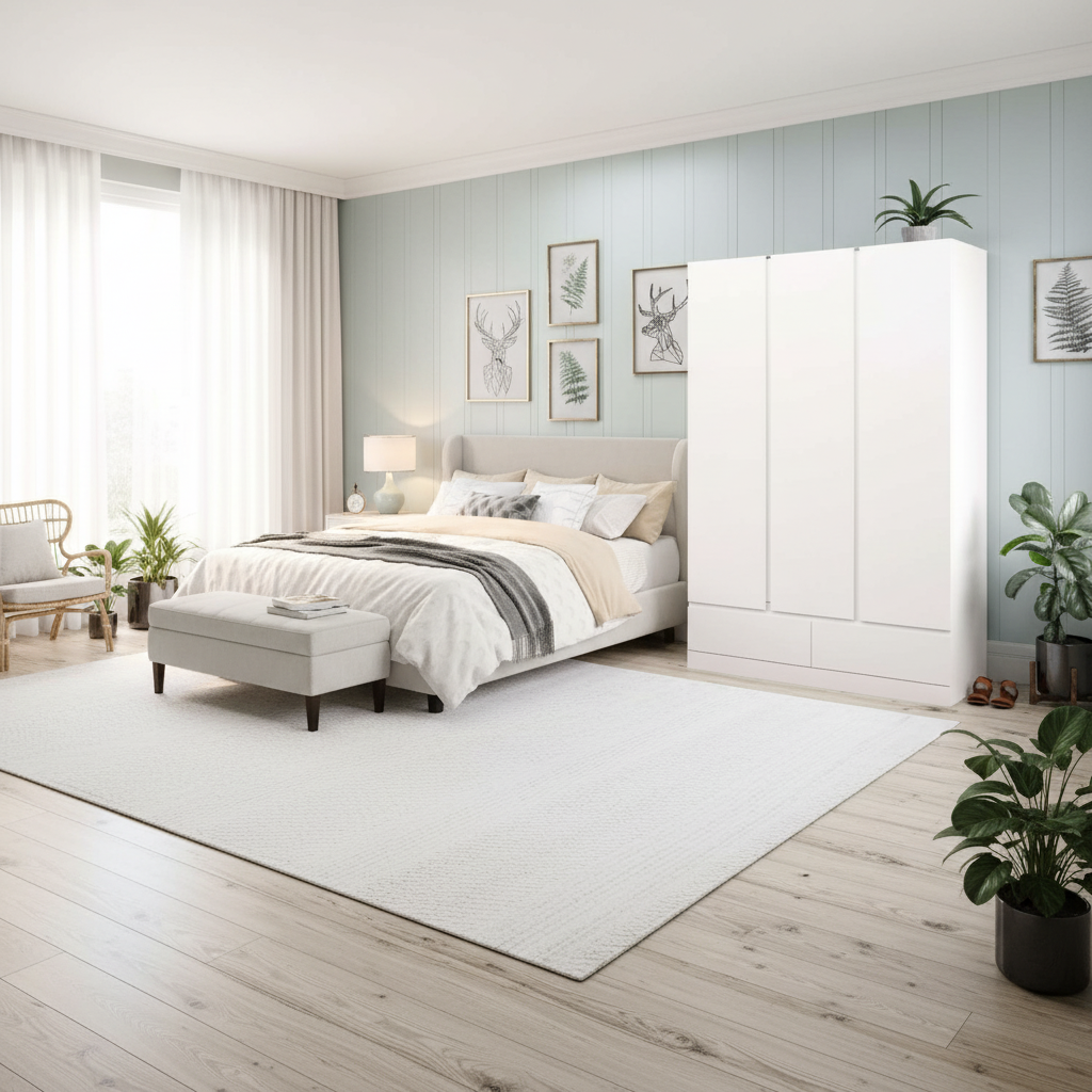 Wide bedroom view with white wardrobe
