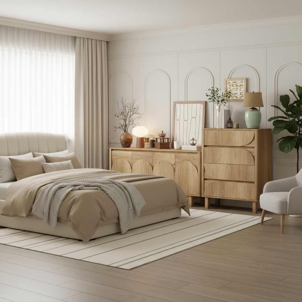 Wide bedroom with both oak pieces featured