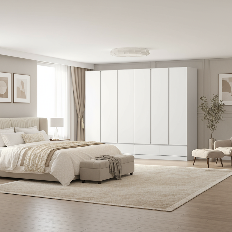 Wide bedroom with white wardrobe prominently shown