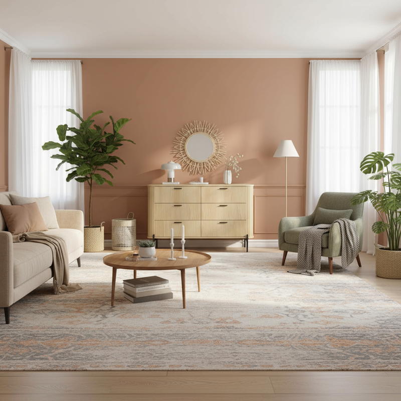Wide living room view with oak dresser