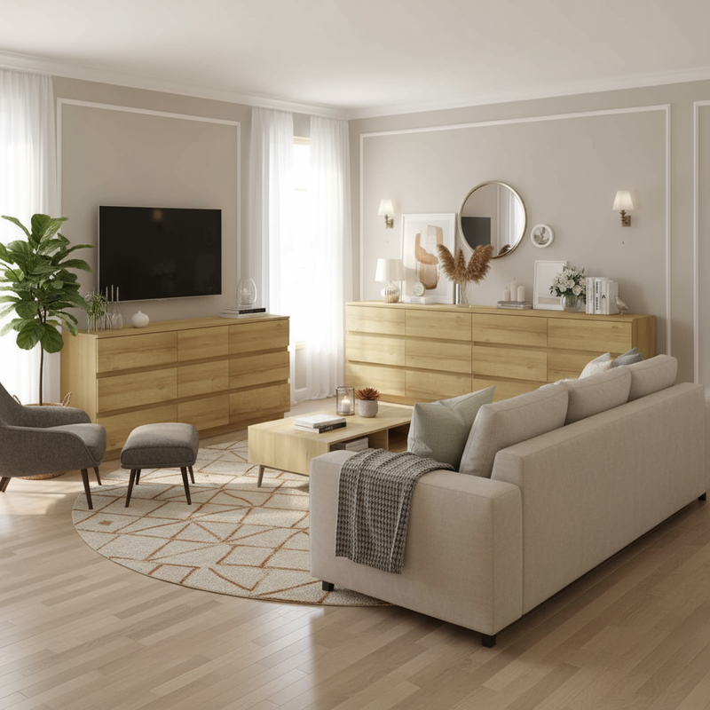 Wide living room view with oak dressers