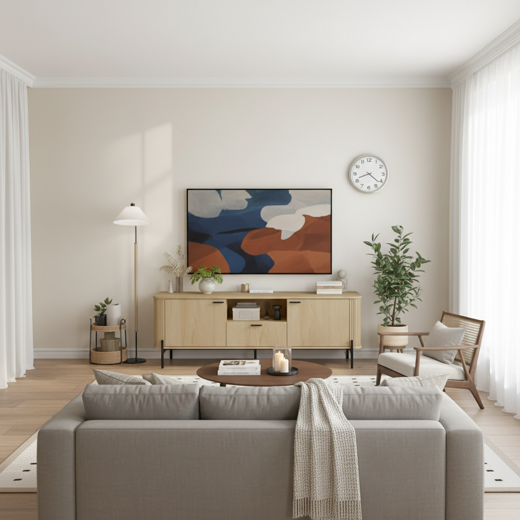 Wide living room view with oak TV unit