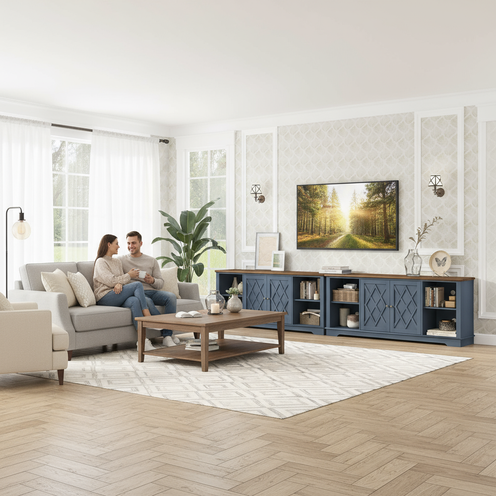 Wide living room with blue-gray TV unit and people
