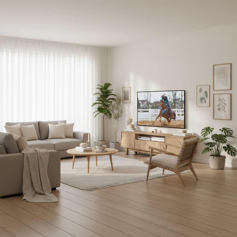 Wide living room with oak TV unit