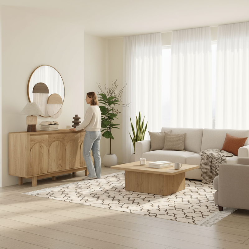 Wide living room with person and oak sideboard
