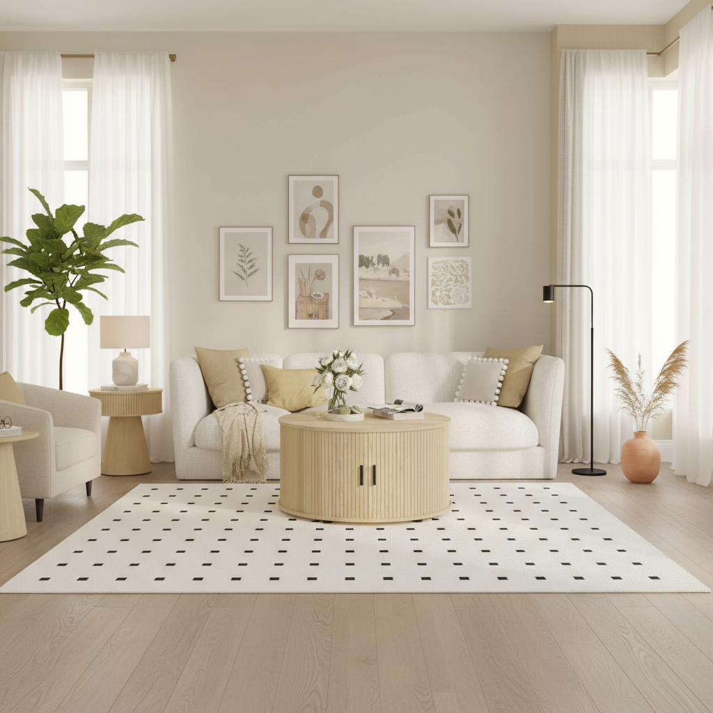 Wide living room with round oak coffee table
