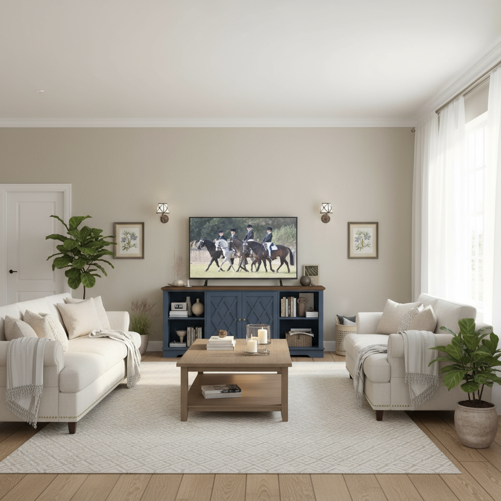 Wide lounge room with blue-gray TV unit