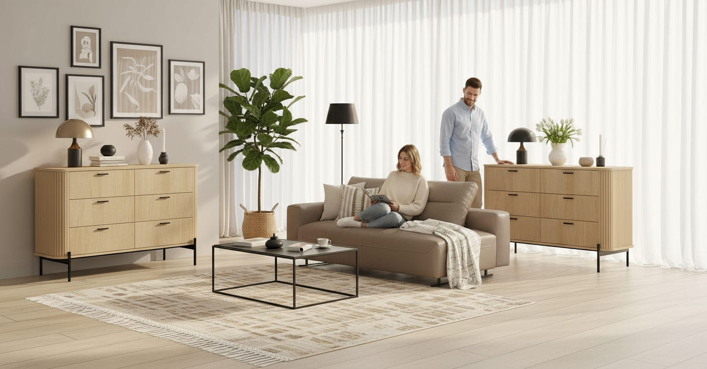 Wide lounge with oak dressers and people