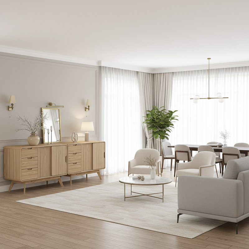 Wide room view with oak sideboards