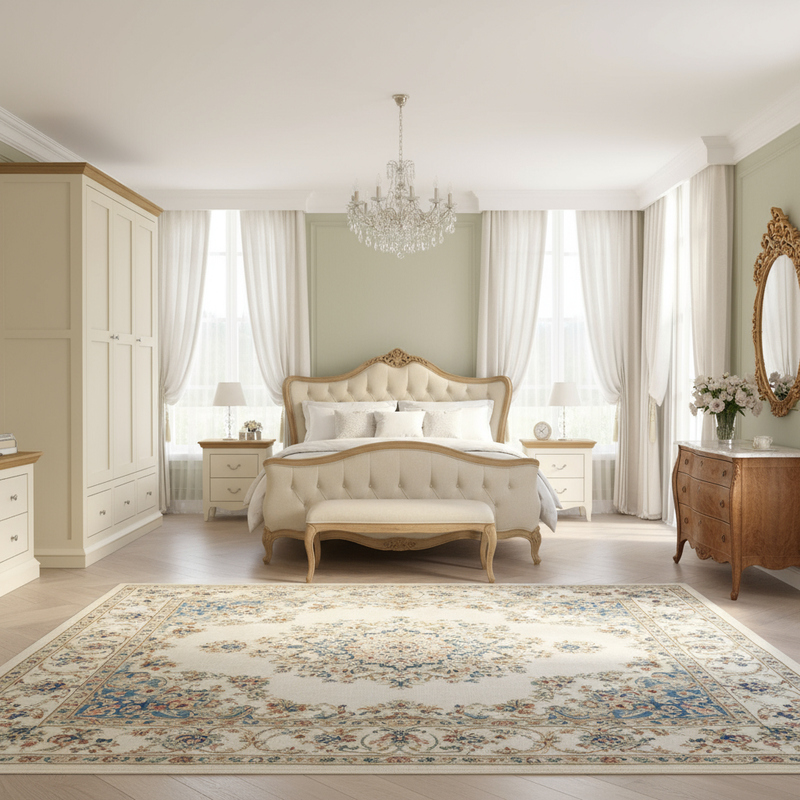 Wide shot of French provincial bedroom with wardrobe