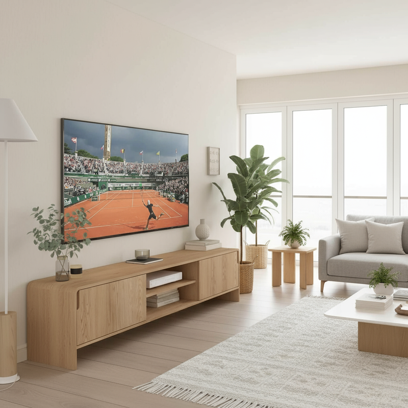 Wide shot of lounge with natural wood TV console