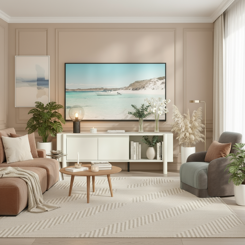 Wide view of lounge with TV entertainment unit