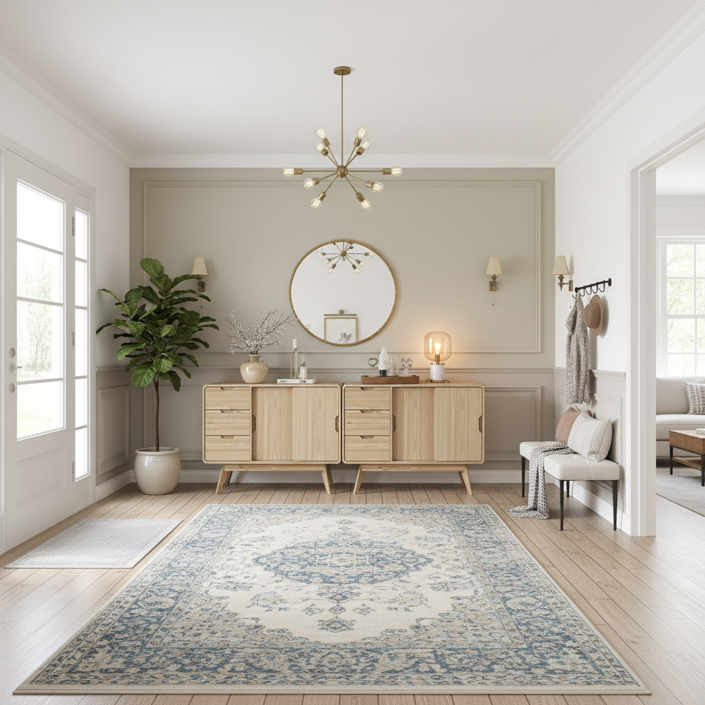 Wide view of oak sideboards in home entry