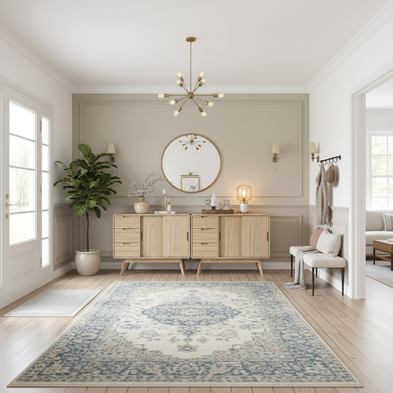 Wide view of oak sideboards in home entry